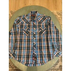 Rock & Roll Cowboy Mens L Blue Black Red Plaid Western Pearl Snap Shirt Cotton
